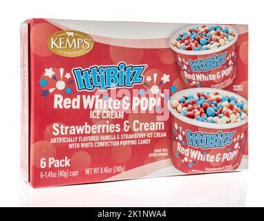 Winneconne, WI - 18 August 2022: A package of Kemps ittibitz red white adn pop ice cream on an isolated background.