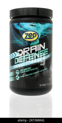 Winneconne, WI - 18 August 2022: A package of Zep drain defense pipe build up remover powder on an isolated background.