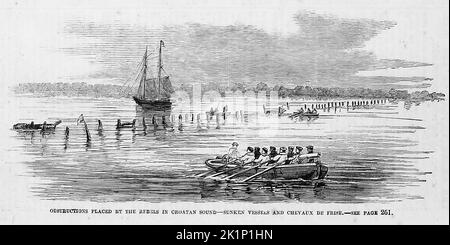 Obstructions placed by the Rebels in Croatan Sound, North Carolina - Sunken vessels and chevaux de frise. February 1862. 19th century American Civil War illustration from Frank Leslie's Illustrated Newspaper Stock Photo