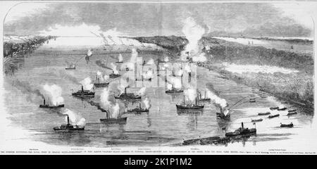 The Burnside Expedition - The Naval fight in Croatan Sound, North Carolina - Bombardment of Fort Bartow, Roanoke Island - Landing of National troops - Showing also the obstructions in the Sound, with the Rebel fleet beyond. February 1862. Battle of Roanoke Island. 19th century American Civil War illustration from Frank Leslie's Illustrated Newspaper Stock Photo