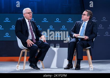 New York, USA. 19th Sep, 2022. Co-Founder and Co-chairman of The Carlyle Group David Rubenstein in conversation with Co-founder and CEO of Concordia Matthew Swift at Concordia Summit at Sheraton Times Square in New York on September 19, 2022. (Photo by Lev Radin/Sipa USA) Credit: Sipa USA/Alamy Live News Stock Photo