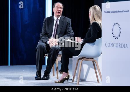 New York, NY - September 19, 2022: World Bank President David Malpass in conversation with Siri Scanlon at Concordia Summit at Sheraton Times Square Stock Photo