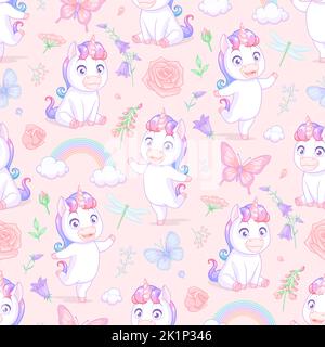 Seamless vector pattern with baby unicorns, rainbows, butterflies and flowers on pink background. Stock Vector