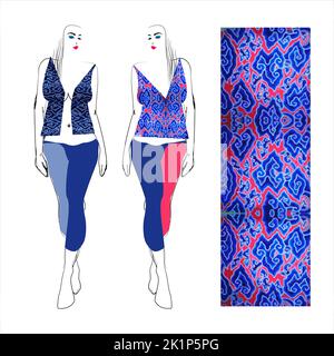 Hand sketch of a female model dressed in megomendung batik motif, Cirebon, Indonesia. This batik motif is in the form of a seven-color gradient cloud Stock Vector