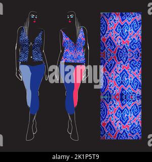 Hand sketch of a female model dressed in megomendung batik motif, Cirebon, Indonesia. This batik motif is in the form of a seven-color gradient cloud Stock Vector