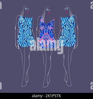 Hand sketch of a female model dressed in megomendung batik motif, Cirebon, Indonesia. This batik motif is in the form of a seven-color gradient cloud Stock Vector