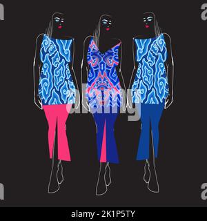 Hand sketch of a female model dressed in megomendung batik motif, Cirebon, Indonesia. This batik motif is in the form of a seven-color gradient cloud Stock Vector