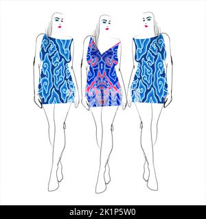 Hand sketch of a female model dressed in megomendung batik motif, Cirebon, Indonesia. This batik motif is in the form of a seven-color gradient cloud Stock Vector