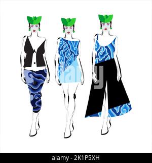 Hand sketch of a female model dressed in megomendung batik motif, Cirebon, Indonesia. This batik motif is in the form of a seven-color gradient cloud Stock Vector