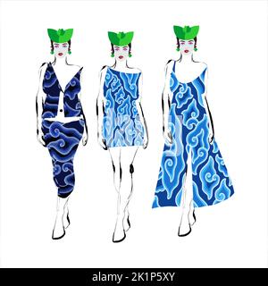 Hand sketch of a female model dressed in megomendung batik motif, Cirebon, Indonesia. This batik motif is in the form of a seven-color gradient cloud Stock Vector
