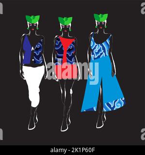 Hand sketch of a female model dressed in megomendung batik motif, Cirebon, Indonesia. This batik motif is in the form of a seven-color gradient cloud Stock Vector