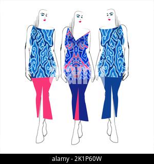 Hand sketch of a female model dressed in megomendung batik motif, Cirebon, Indonesia. This batik motif is in the form of a seven-color gradient cloud Stock Vector