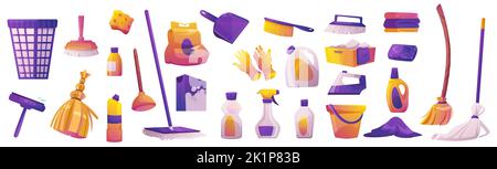 Equipment for house cleaning, brushes, soap, brooms, gloves and domestic detergents. Household chemicals in bottles, washing powder, buckets, dustpan and iron, vector cartoon set Stock Vector