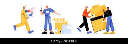 Service of house or office move, cargo delivery with loaders. Men movers, warehouse workers or couriers carry cardboard boxes and push hand truck, vector flat illustration Stock Vector