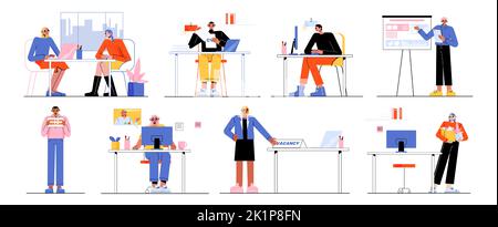 HR work concept, meeting and online interview with candidates, hiring employees to company. People in office, managers recruit staff, man search job, girl fired, vector flat illustration Stock Vector