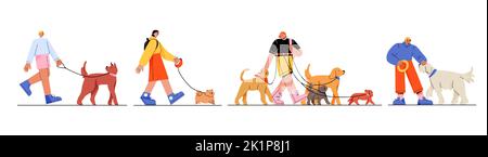 Happy people walking dogs on leash. Flat vector illustration set of young men and women in casual clothes training, playing, having fun with pet animals of different breeds. Active leisure, friendship Stock Vector