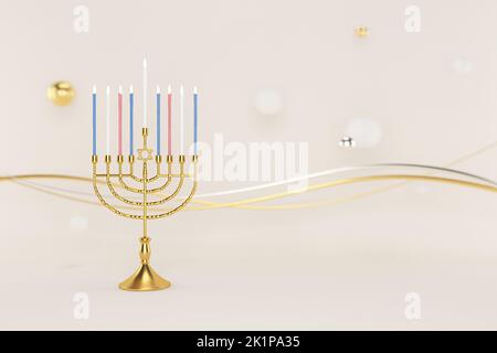 3d rendering Image of Jewish holiday Hanukkah with menorah or traditional Candelabra on a  white background. Stock Photo