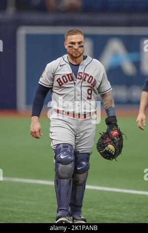 Houston Astros catcher Christian Vazquez (9) and relief pitcher Bryan Abreu  (52) celebrate after the Astros beat the New York Yankees 5-0 in Game 3 of  an American League Championship baseball series