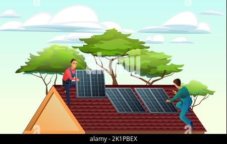 Two workers install solar panels on roof. Alternative energy. Renewable sources of electrical energy. Workers work on roof. Against backdrop of trees Stock Vector