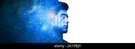 silhouette of man face on space. Universe within. Silhouette of man with space as brain. Scientific and philosophical topics. copy space. Blue light. Stock Photo