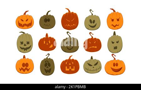 Halloween pumpkin face icons, isolated on a white background. A set of pumpkins for Halloween. Monster Faces. Happy Halloween. Stock Vector