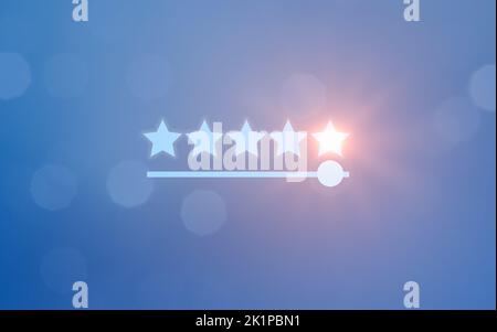 Five stars rating concept. Client satisfaction, luxury service evaluation. 5 stars on blue background, assignment of new rating, service rating, new l Stock Photo