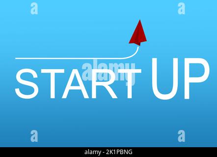 Business startup concept with red paper plane. white text startup and red paper plane flying up on blue background Stock Photo