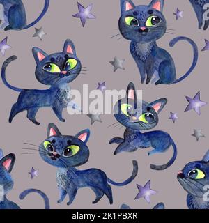 Halloween seamless pattern design with black witch cats, stars. Watercolor hand painted illustration on gray background. Wallpaper design. For card, p Stock Photo