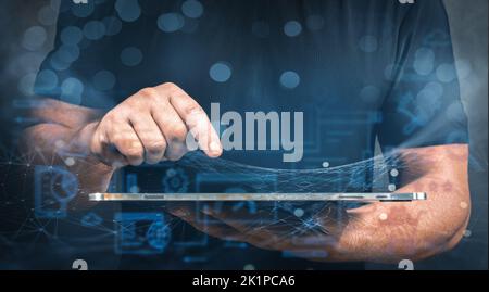 Modern business, Innovative. man draw growth graph and progress of business and analyzing financial and investment data, business planning and strateg Stock Photo