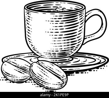 Coffee Beans And Cup Vintage Woodcut Illustration Stock Vector