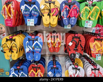 Doha, Qatar - September 14, 2022: Official licensed products of FIFA World Cup 2022 Qatar in the stores. Stock Photo