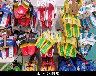 Doha, Qatar - September 14, 2022: Official licensed products of FIFA World Cup 2022 Qatar in the stores. Stock Photo