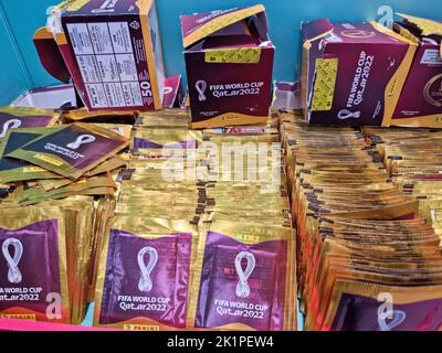 Doha, Qatar - September 14, 2022: Official licensed products of FIFA World Cup 2022 Qatar in the stores. Stock Photo