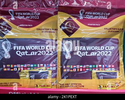 Doha, Qatar - September 14, 2022: Official licensed products of FIFA World Cup 2022 Qatar in the stores. Stock Photo