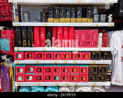 Doha, Qatar - September 14, 2022: Official licensed products of FIFA World Cup 2022 Qatar in the stores. Stock Photo