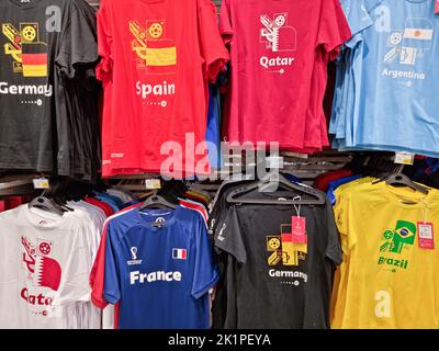 Doha, Qatar - September 14, 2022: Official licensed products of FIFA World Cup 2022 Qatar in the stores. Stock Photo