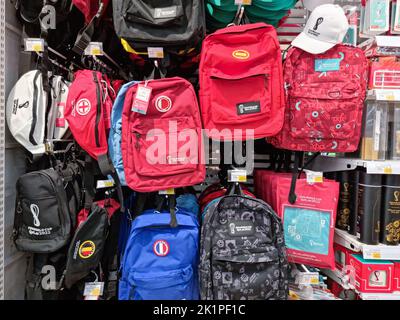 Doha, Qatar - September 14, 2022: Official licensed products of FIFA World Cup 2022 Qatar in the stores. Stock Photo