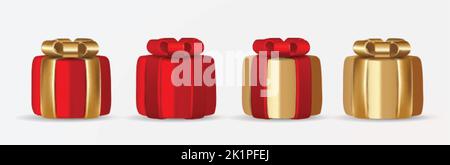 3d gold and red gift boxes set with ribbon bow . Realistic holiday closed surprise box. Realistic vector icon for present, birthday or wedding banners Stock Vector