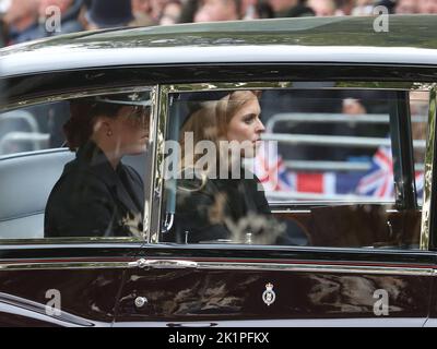 London, UK. 19th Sep, 2022. Princess Beatrice and Princess Eugenie folllow the courtege of the funeral of Queen Elizabeth II. Stock Photo