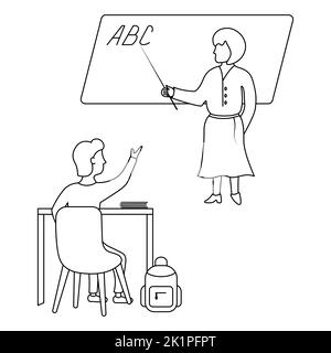 A schoolboy raises his hand to answer the teacher's question. Sketch. A woman points with a pointer at the letters ABC written on the blackboard. Stock Vector