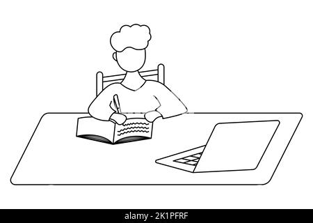 The schoolboy does homework using a laptop. Sketch. The boy sits at the table and writes in a notebook with a pen. Vector illustration. Coloring book Stock Vector