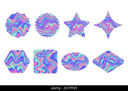 Holographic stickers set. Rainbow label gradient stamps. Neon foil textured badges. Iridescent paper in different geometric shapes. Vector emblems Stock Vector