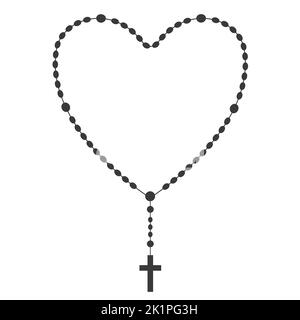 Rosary beads silhouette. Prayer heart shaped jewelry for meditation. Catholic chaplet with a cross. Religion symbol. Vector illustration. Stock Vector