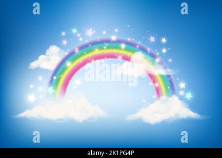 Bright arched rainbow with clouds realistic vector illustration on ...