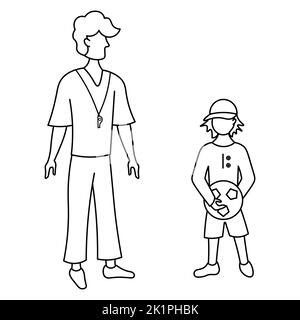 Sports teacher trains a student. Sketch. A man with a whistle around his neck and a boy in a cap with a soccer ball. Vector illustration. School theme Stock Vector