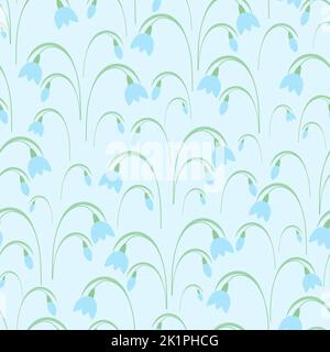 Snowdrops. Spring bouquet. Blue buds. Seamless vector pattern. Isolated blue background. Endless summer ornament of delicate plants with green leaves. Stock Vector
