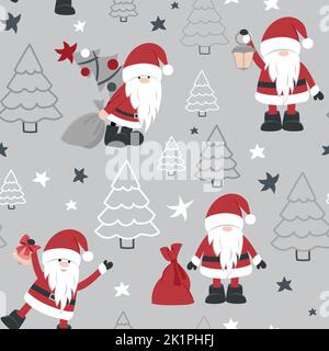 Cute Christmas pattern with gnomes, Christmas trees and gifts. Seamless pattern. Stock Vector