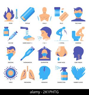 Flu and coronavirus symptoms and treatment icon set in flat style. Respiratory diseases signs and protection symbols collection. Vector illustration. Stock Vector