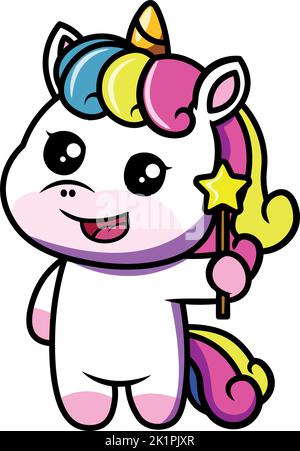Cute unicorn with a magic wand on a cloud. Black and white linear ...