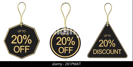 Set of 3 20% off 20% discount sale tags price tickets swing ticket and tags with 20% off or discount Stock Photo